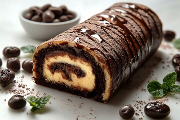 Delicious chocolate cake roll decorated with chocolate sauce and mint on white background