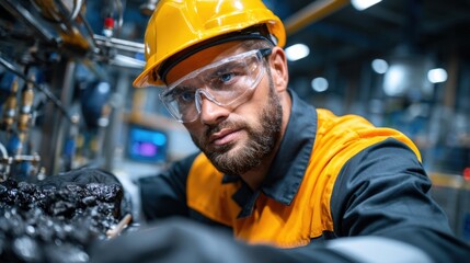 A man in a yellow and black uniform is wearing a hard hat and safety glasses