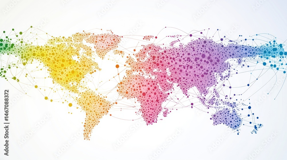 Poster global network connection map illustrated with colorful nodes and lines.
