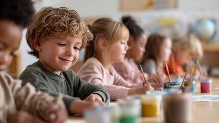 Fototapeta premium A group of children are joyfully painting at their desks in a bright classroom, focusing on their artwork with vibrant colors and enthusiastic expressions