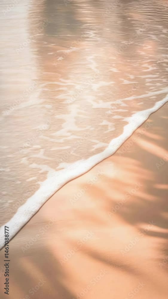 Poster soft ocean waves gently washing over a sandy beach, with palm tree shadows creating a serene and pea