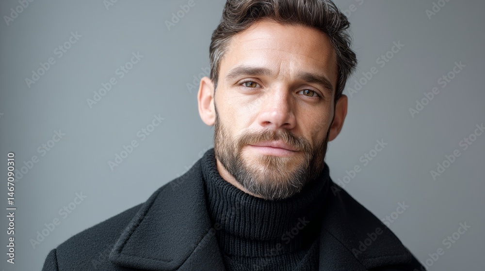 Poster a dark-haired man with a well-groomed beard stands with a calm expression, dressed in a black turtle
