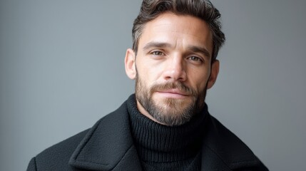 Fototapeta premium A dark-haired man with a well-groomed beard stands with a calm expression, dressed in a black turtleneck sweater in a minimalistic indoor setting. His confident demeanor shines through