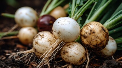 Freshly harvested turnips, various colors, nestled on dark soil
