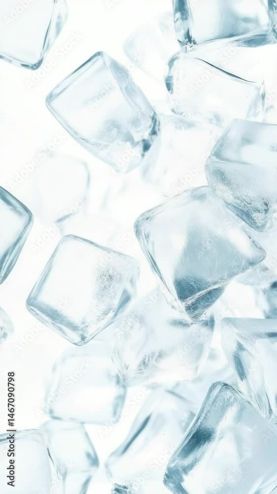 Poster ice cubes are falling against a white background, creating a refreshing and cool atmosphere, perfect