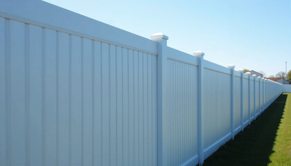 Clean white vinyl panel fence stretches horizontally into the distance, with a slight angle, against a clear blue sky background