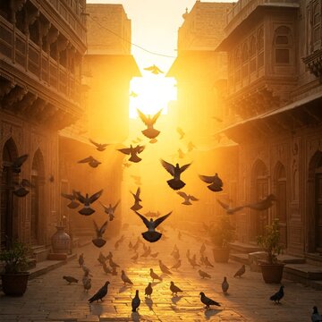 A flock of pigeons taking off from a courtyard in Chakwal during the golden hour with sun rays filtering through dust