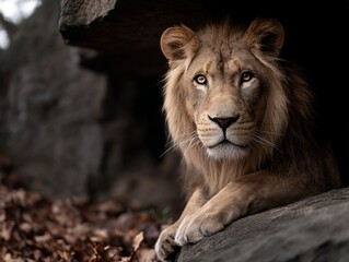 Naklejka premium Majestic lion resting under a rock overhang
