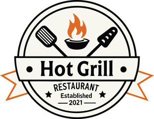 Restaurant logo design, hot grill restaurant, flame icon, grill grate, spatula and fork utensils
