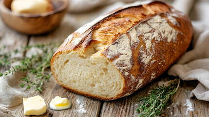 Rustic Crusty Loaf of Bread with Butter and Herbs