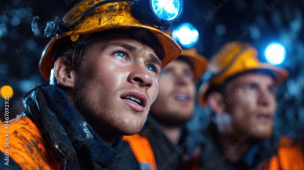 Poster three men in orange vests and hard hats are looking up at something