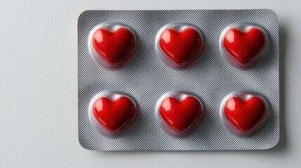 Blister pack with shiny red heart shaped pills on clean grey studio background