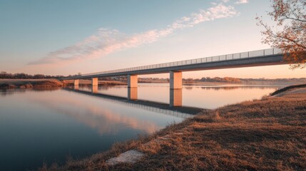 Serene Sunset Landscape Modern Bridge over Calm River at Dusk