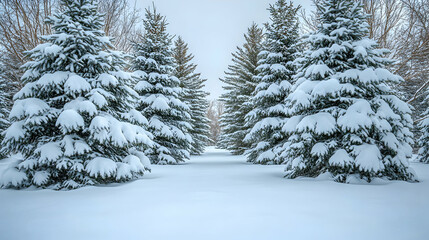 Fototapeta premium Snow-laden evergreens stand majestically in a winter wonderland, their branches heavy with fresh snowfall, creating a serene and picturesque scene