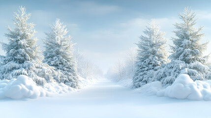 Snowy path through a winter wonderland, frosted trees and deep snowdrifts under a pale sky
