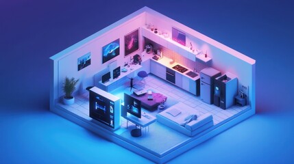Naklejka premium Isometric view of a modern, minimalist apartment with integrated gaming setup and kitchen.