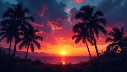 Obraz premium Silhouetted palms at dusk, warm patio lights glow , hotel, dusk