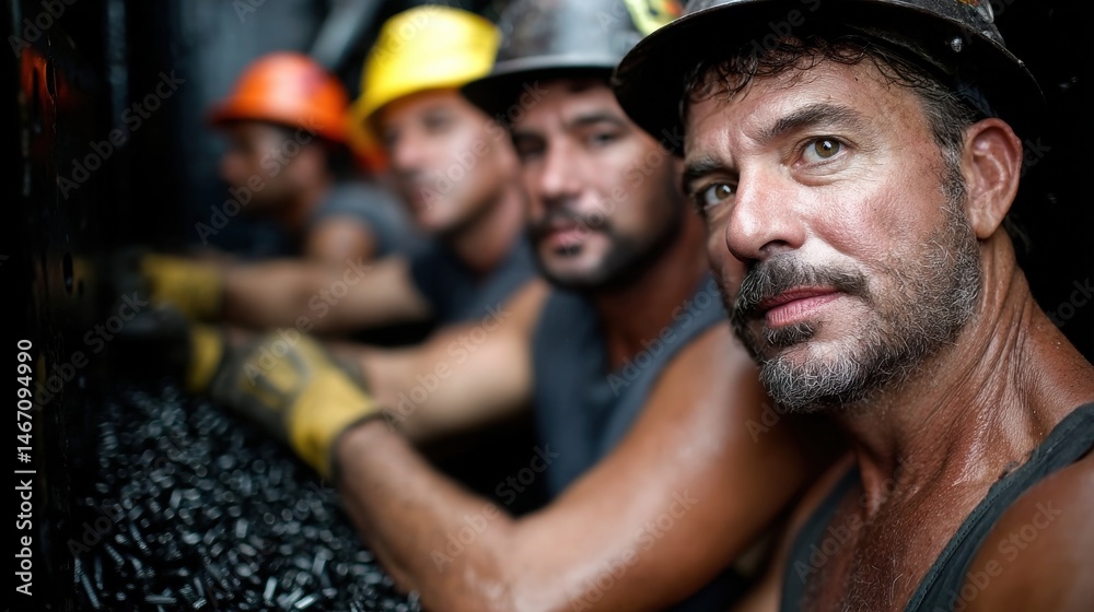 Poster a man with a mustache and a hard hat is standing next to three other men