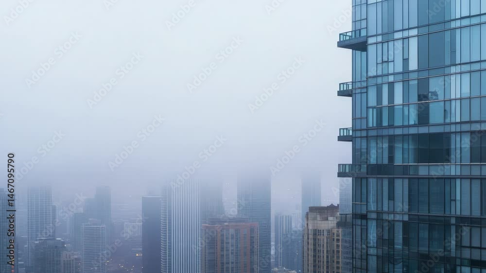 Poster low clouds and fog rolling through a modern city center, creating a mystical and atmospheric urban l