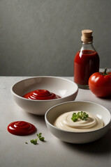 Ketchup and mayonnaise still life scene 