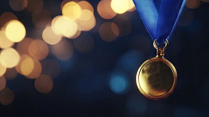 A close-up view of a gold medal with a blue ribbon hanging against a softly blurred background of shimmering lights. symbolizing achievement and celebration