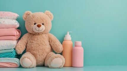 Soft teddy bear, folded baby clothes, and pastel bottles arranged neatly against a turquoise background.