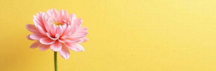 Single soft pink chrysanthemum, pale yellow backdrop Minimalist floral design , blossom, summer