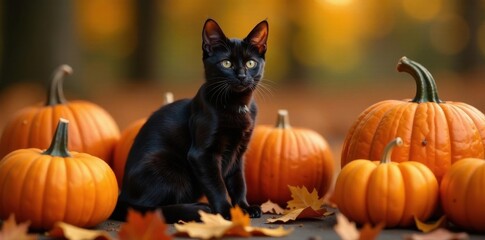 Sleek black cat sits amidst orange pumpkins, autumn leaves scattered around , stock photo, countryside