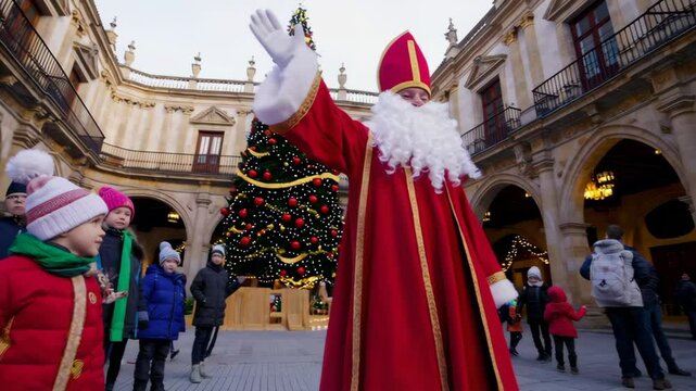 Saint nicholas greeting children in a square with a christmas tree
