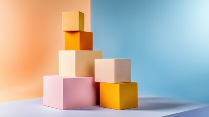 Fototapeta premium Geometric composition with multicolored cubes placed over gentle pastel gradient