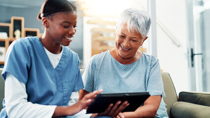 Senior woman, nursing home and tablet for healthcare, medical support and test results. Retirement,...