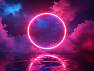 A vibrant cosmic scene featuring a glowing neon circle surrounded by swirling clouds of purple and blue hues. evoking a sense of mystery and wonder in a surreal atmosphere