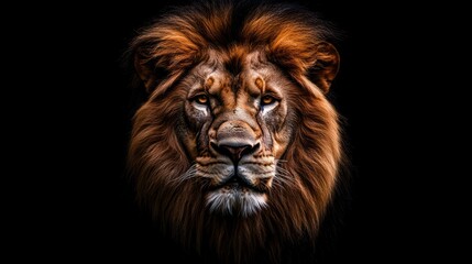 Fototapeta premium Majestic lion portrait, dark background, wildlife photography, power symbol