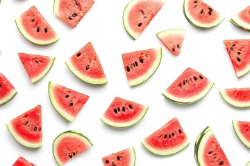 A vibrant arrangement of fresh watermelon slices scattered artistically on a clean white background. perfect for summer-themed designs or food-related content