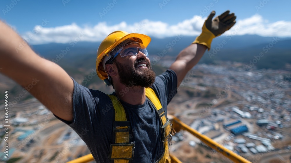 Poster a man in a yellow hard hat is standing on a platform and smiling