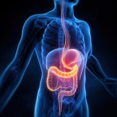 Human digestive system illustrated with vibrant colors showcasing organs and functionality in a scientific representation