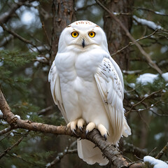 Fototapeta premium Frosty Vigil: A Snowy Owl Perched on a Snow-Covered Branch in Winter