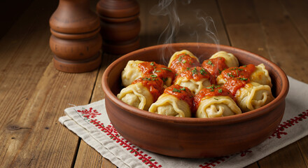 Steamed dumplings with tomato sauce in clay pot
