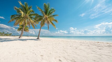 Obraz premium Idyllic Tropical Beach Scene Palm Trees Swaying on White Sand Under a Sunny Sky