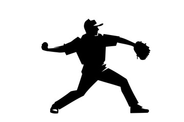 Baseball pitcher mid-throw silhouette in dynamic action pose. Clipart image isolated on background.