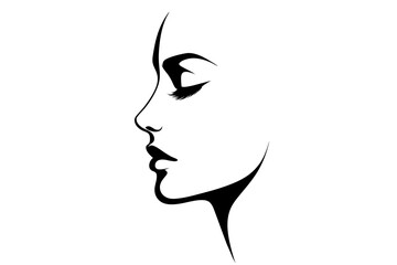Elegant side profile silhouette of young woman in minimalistic style. Clipart image isolated on background.