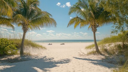 Obraz premium Serene Tropical Beach Scene Two Palm Trees Frame a Sunny Ocean View