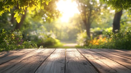 Wooden tabletop with a lush green park background and sunlit glare ideal for product display
