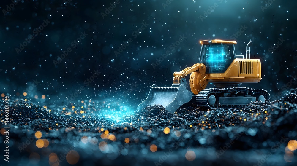 Poster a powerful autonomous mining robot equipped with advanced technology traverses a dark resource rich 