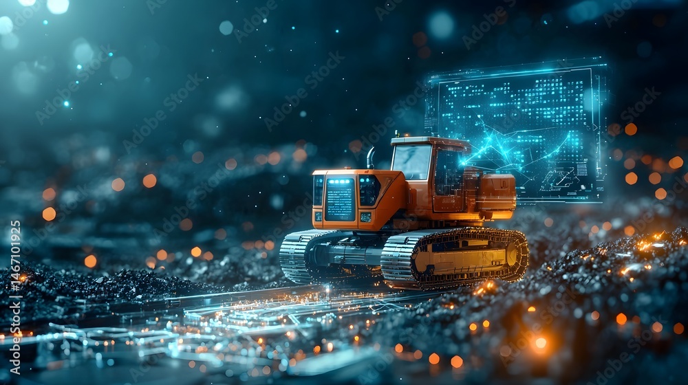 Poster a futuristic mining robot equipped with holographic field projections that can detect and analyze ra