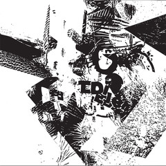 A dynamic textured black and white abstract composition featuring fragmented shapes and bold lettering.