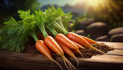 Bio-Karotten mit Erde auf rustikalem Holzbrett