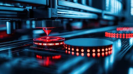 Precision Manufacturing Process.  High-tech automated machine with focused laser beam working on circuit board.  Intricate components and detailed assembly