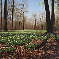 A forest clearing filled with blooming white flowers under leafless trees on a sunny day.