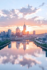 Naklejka premium Serene cityscape sunrise reflected in calm water